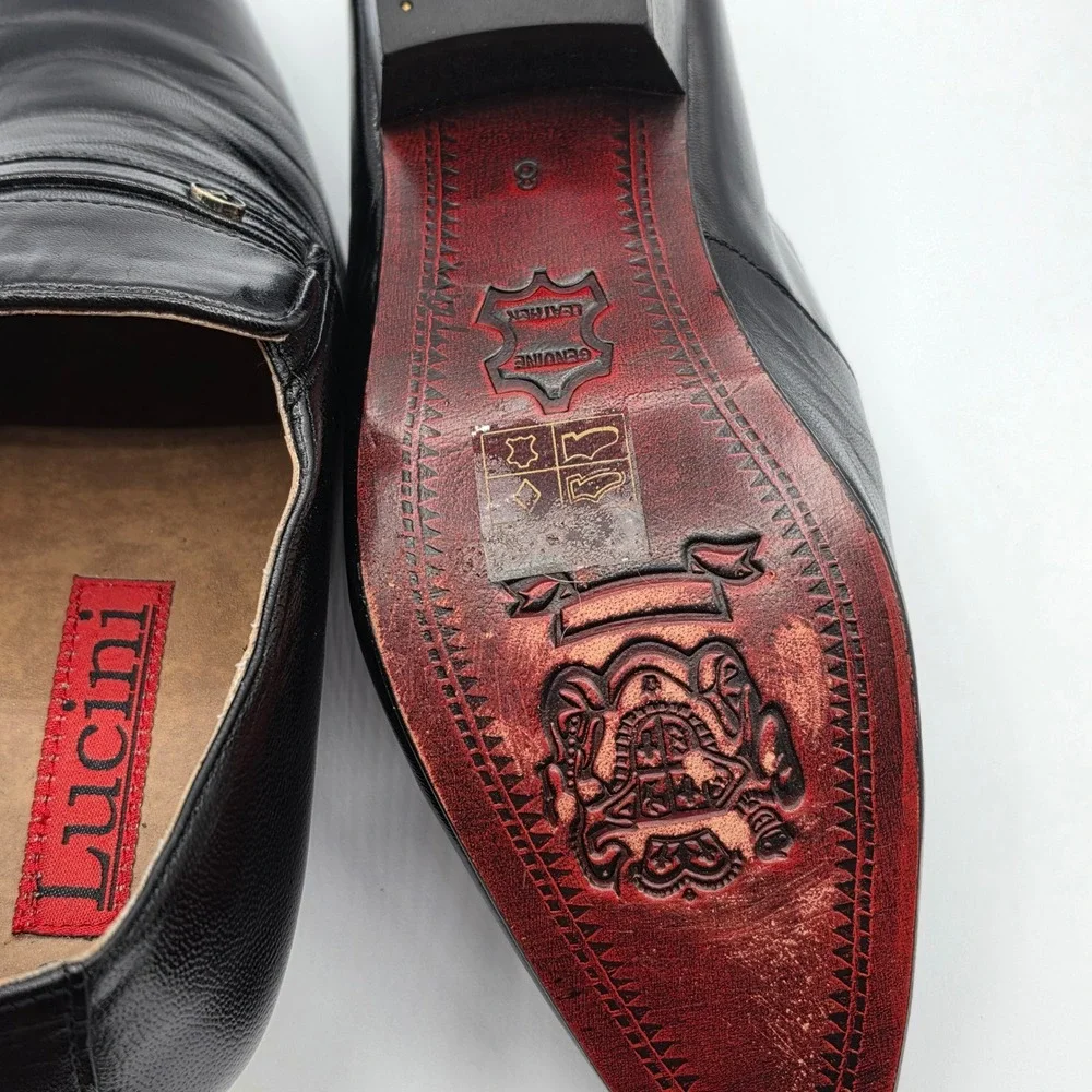Lucini Loafers Mens Size‎ 8 Black Excellent Leather Slip On Dress Shoes